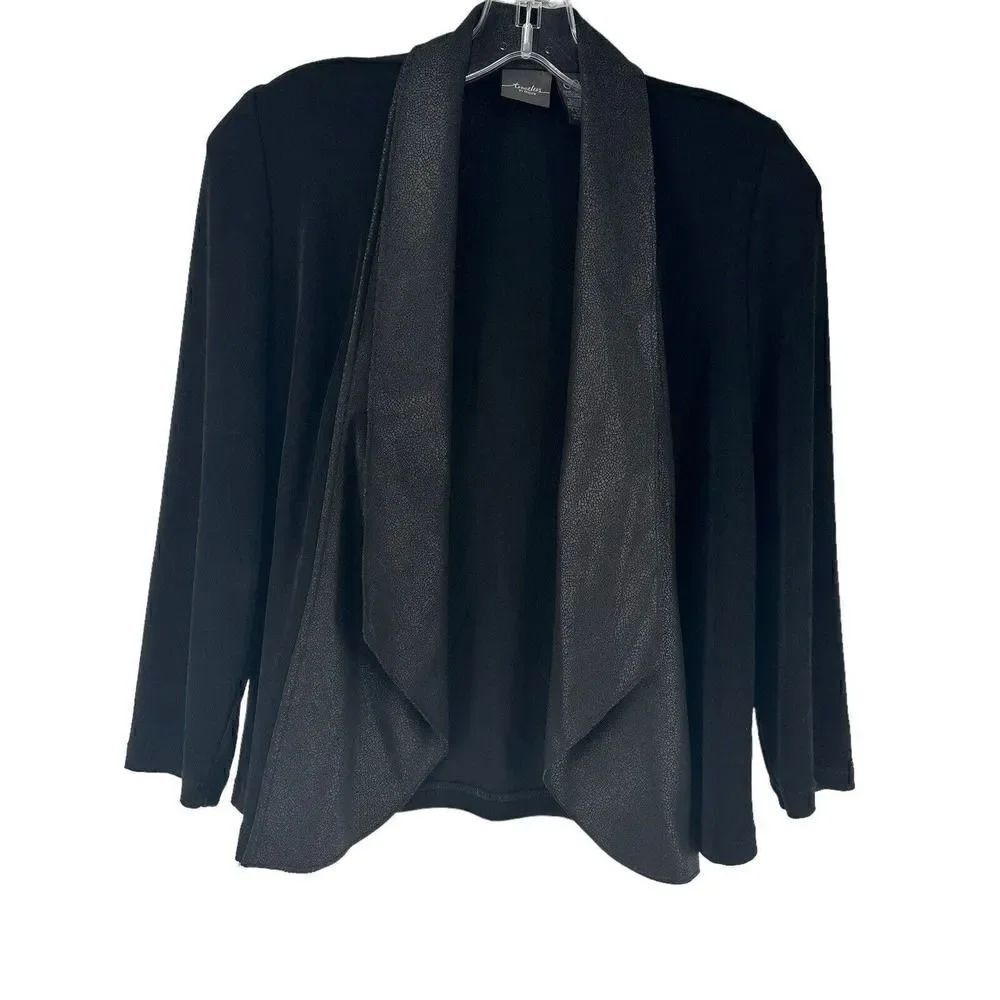 Chicos Travelers Jacket Black Faux Leather Draped Open Front 00 US XS 3/4 Sleeve